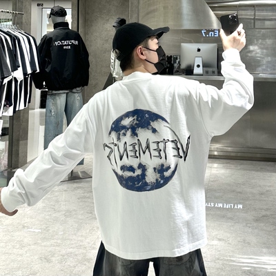 潮牌秋季长袖T恤男ins国潮手绘地球涂鸦印花宽松青年情侣卫衣潮t