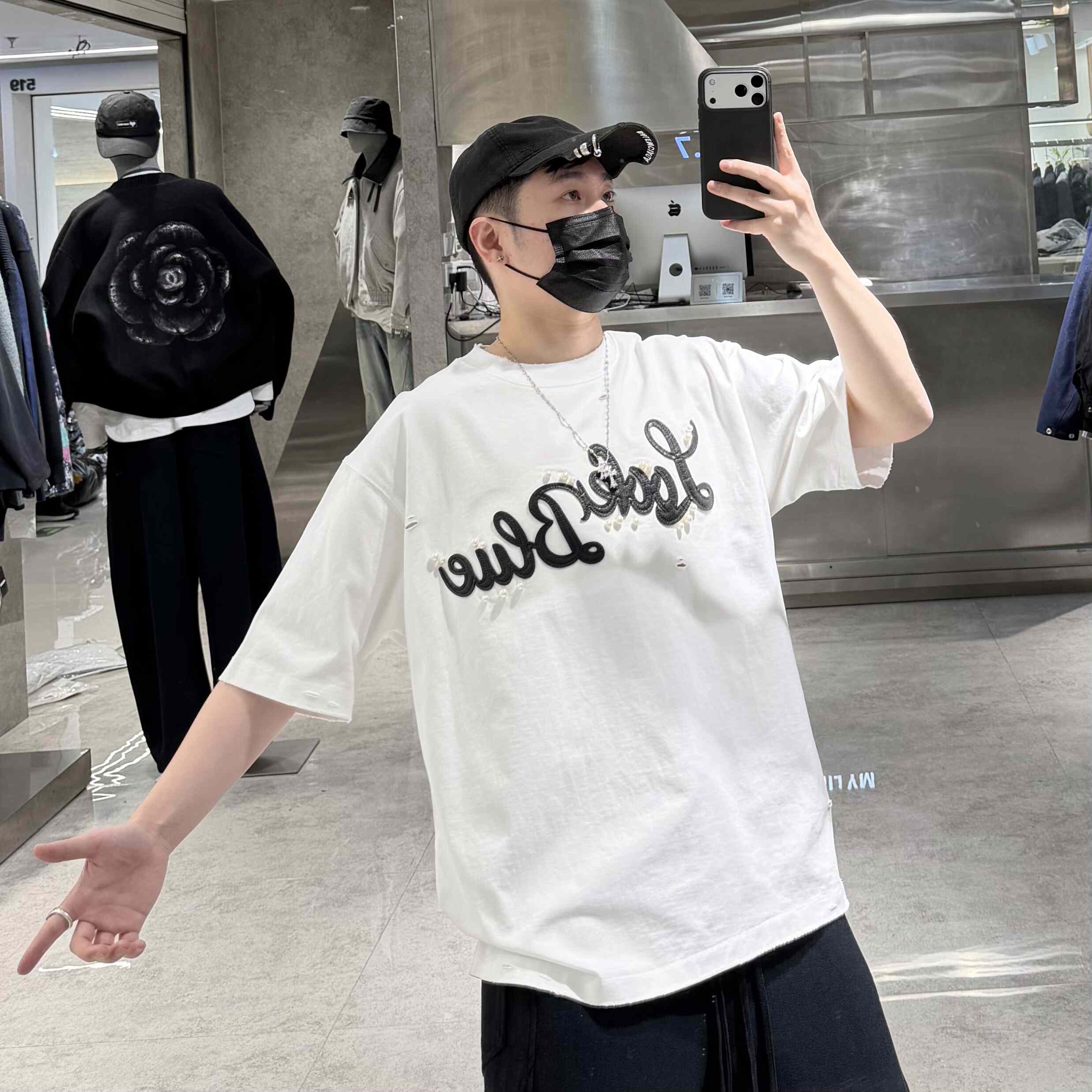 潮牌26春夏重磅短袖T恤男美式字母珍珠刺绣破洞宽松青年帅气半袖t