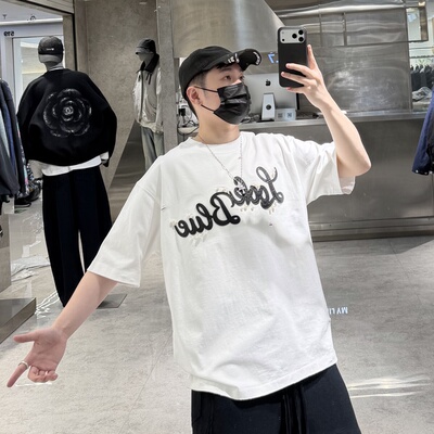 潮牌26春夏重磅短袖T恤男美式字母珍珠刺绣破洞宽松青年帅气半袖t