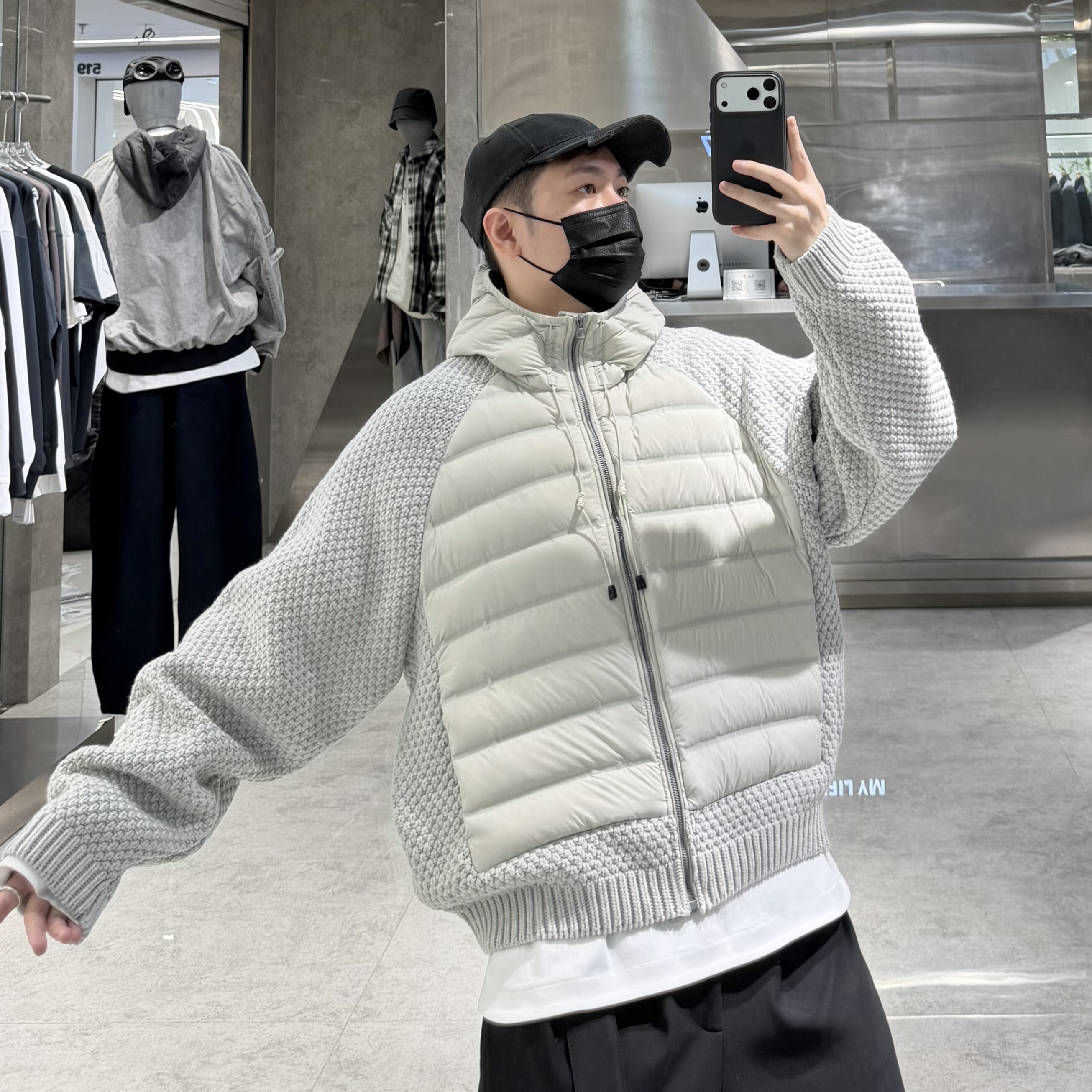 潮牌冬季薄款连帽羽绒服男韩版针织拼接宽松青年保暖毛衣羽绒外套