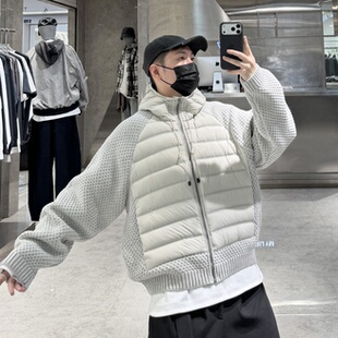 潮牌冬季薄款连帽羽绒服男韩版针织拼接宽松青年保暖毛衣羽绒外套