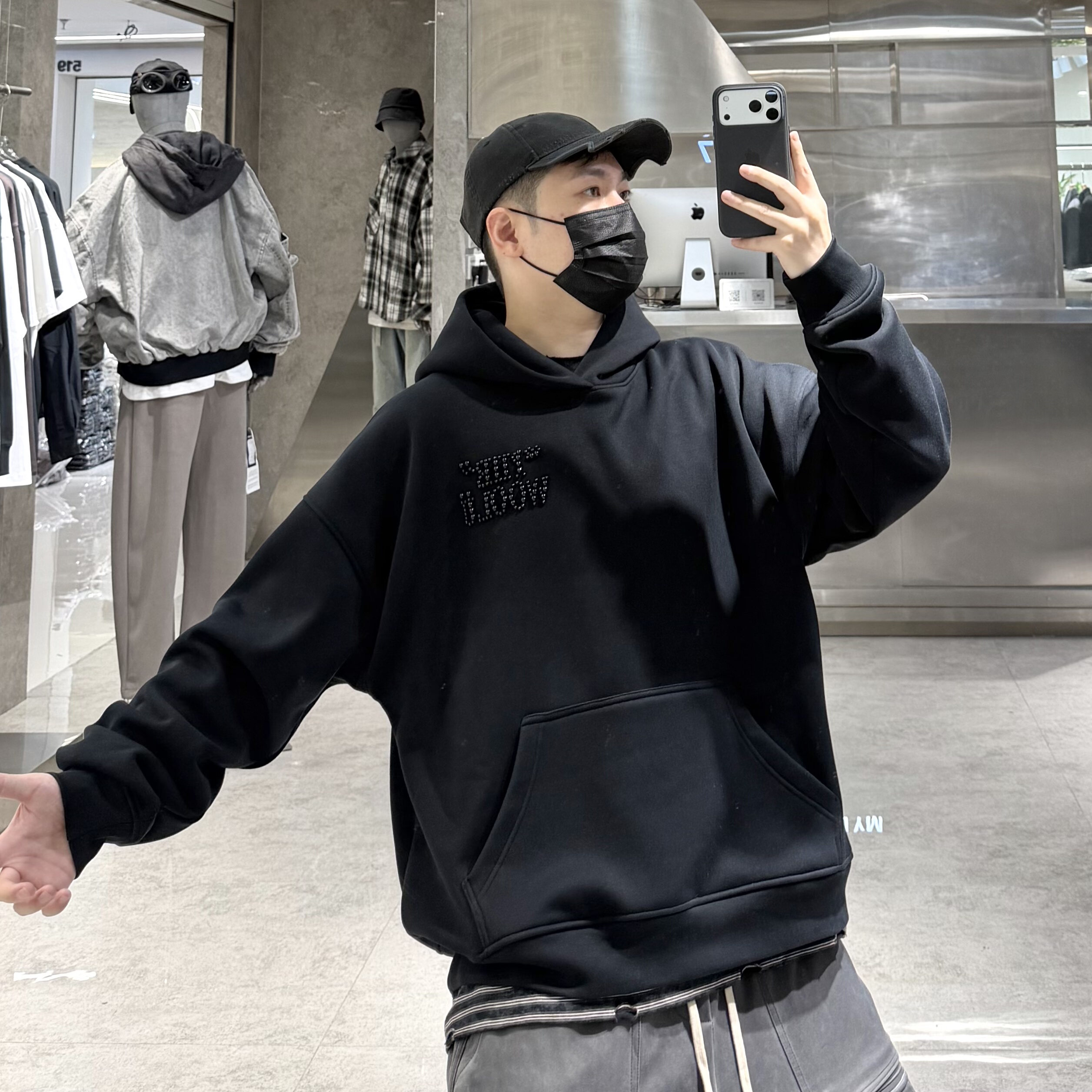 潮牌冬季重磅加绒连帽卫衣男国潮珍珠刺绣宽松青年帅气情侣帽衫潮