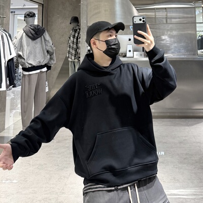 潮牌冬季重磅加绒连帽卫衣男国潮珍珠刺绣宽松青年帅气情侣帽衫潮