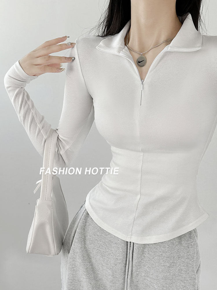 달콤한 시원한 핫 소녀 스타일 유럽과 미국의 순수한 욕망 탄성 꽉 긴팔 허리 티셔츠 슬림 바닥 폴로 셔츠 블랙 슬리밍