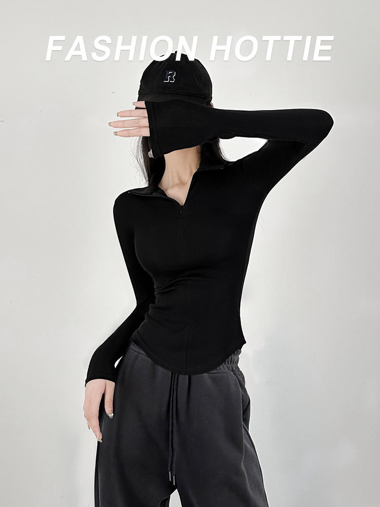 달콤한 시원한 핫 소녀 스타일 유럽과 미국의 순수한 욕망 탄성 꽉 긴팔 허리 티셔츠 슬림 바닥 폴로 셔츠 블랙 슬리밍