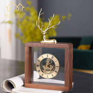 钟表创意家居座钟 美式 轻奢铜鹿实木时钟摆件客厅卧室黑胡桃木台式