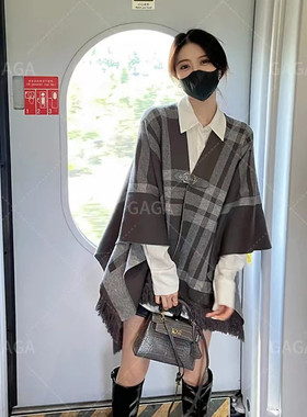 针织格子披肩外套外穿围巾斗篷两面穿秋冬新款时尚百搭披风女