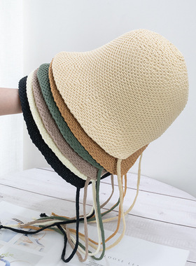 渔夫帽女夏可扎马尾针织系绳带棉麻透气显脸小纯色防晒盆帽子