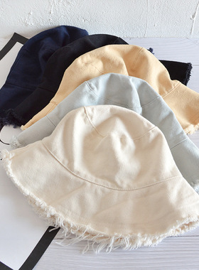 日系毛边渔夫帽女夏季遮阳帽简约休闲帽子磨边盆帽可折叠水洗布