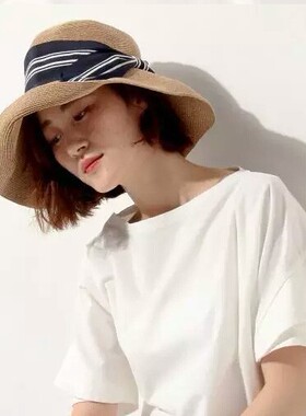 日本款可折叠蝴蝶结复古草帽子女夏季出游度假沙滩帽大檐遮阳帽