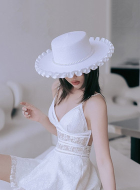 小清新荷叶褶皱花边珍珠平顶草帽子仙女夏天拍照防晒遮阳白色礼帽