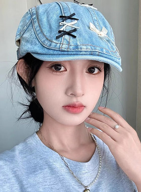 蝴蝶结牛仔前进帽女大头围韩国ins可爱甜美显脸小反戴贝雷帽子女