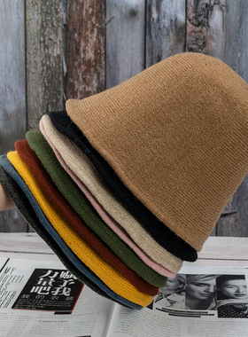 韩版纯色羊毛混纺针织渔夫帽子水桶帽黑色显脸小可折叠网红盆