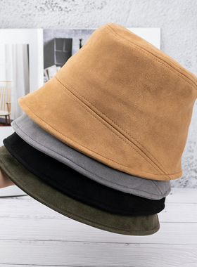 韩国ins秋冬纯色麂皮绒渔夫帽女小众设计师款显脸小盆帽水桶帽子