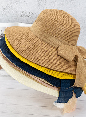 大蝴蝶结草帽女夏天韩版百搭遮阳帽子女防晒度假可折叠沙滩