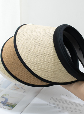 帽子草编UV防晒太阳帽防紫外线遮阳帽夏天骑车发箍空顶帽大檐