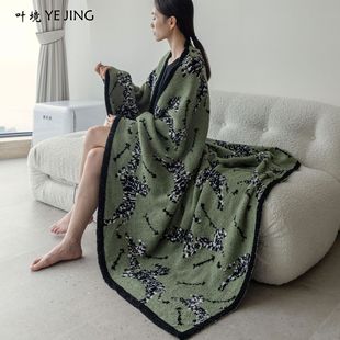 轻奢复古北欧四季空调盖毯中古橄榄绿色斑马针织休闲沙发装饰毯子