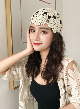 帽子女夏天韩版线编薄款镂空透气针织帽潮毛线瓜皮帽时髦包头帽