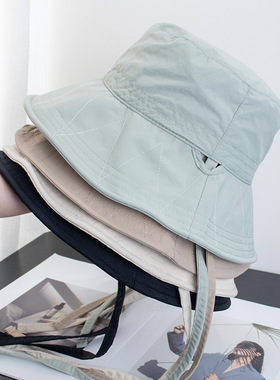 日系抽绳渔夫帽子女夏季薄款透气轻便防晒遮阳帽百搭显脸小盆