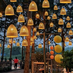 中式禅意竹编吊灯户外庭院防水竹编灯笼餐厅民宿景观挂树装饰灯具