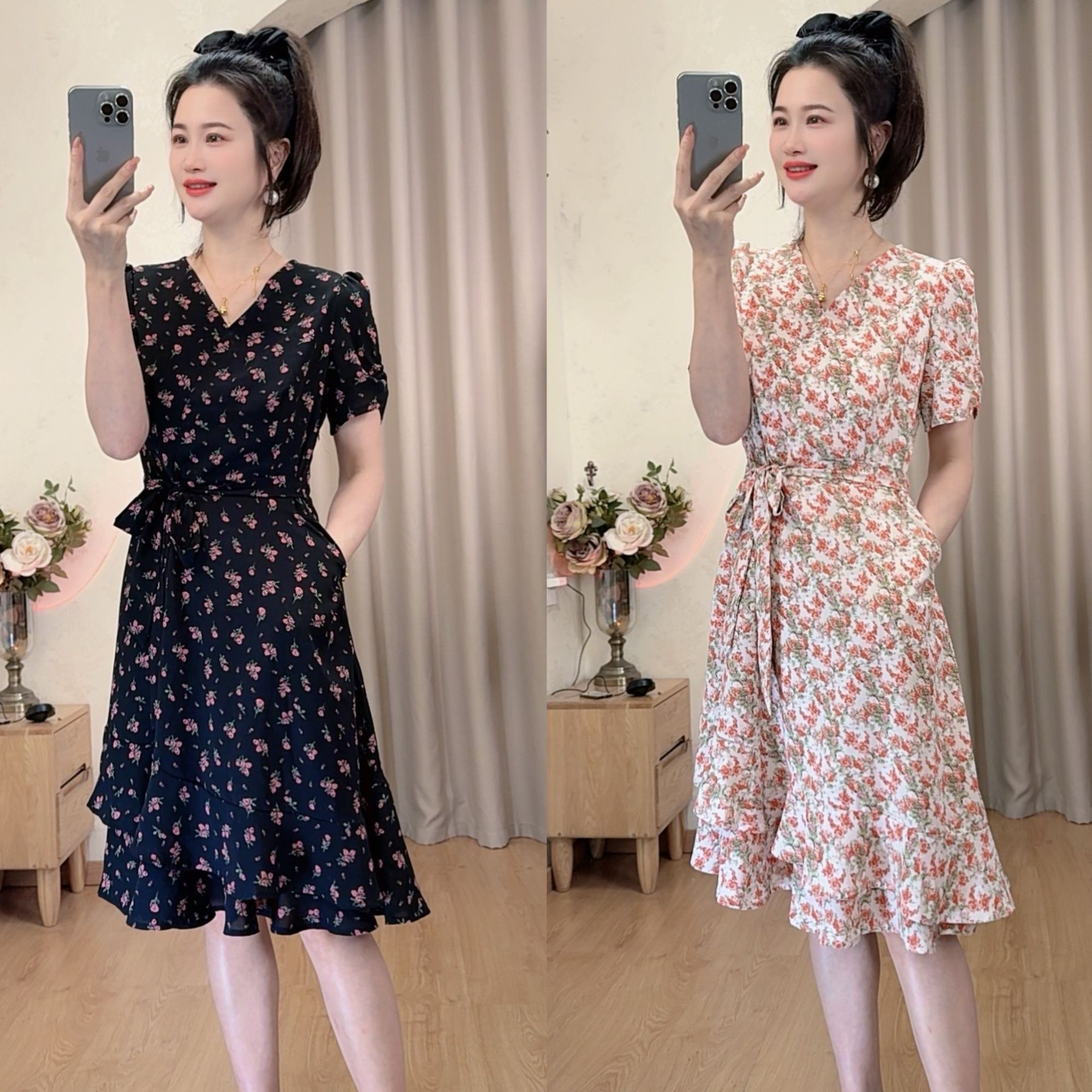 小个子V领气质收腰显瘦时尚印花女装清凉连衣裙碎花泡泡袖