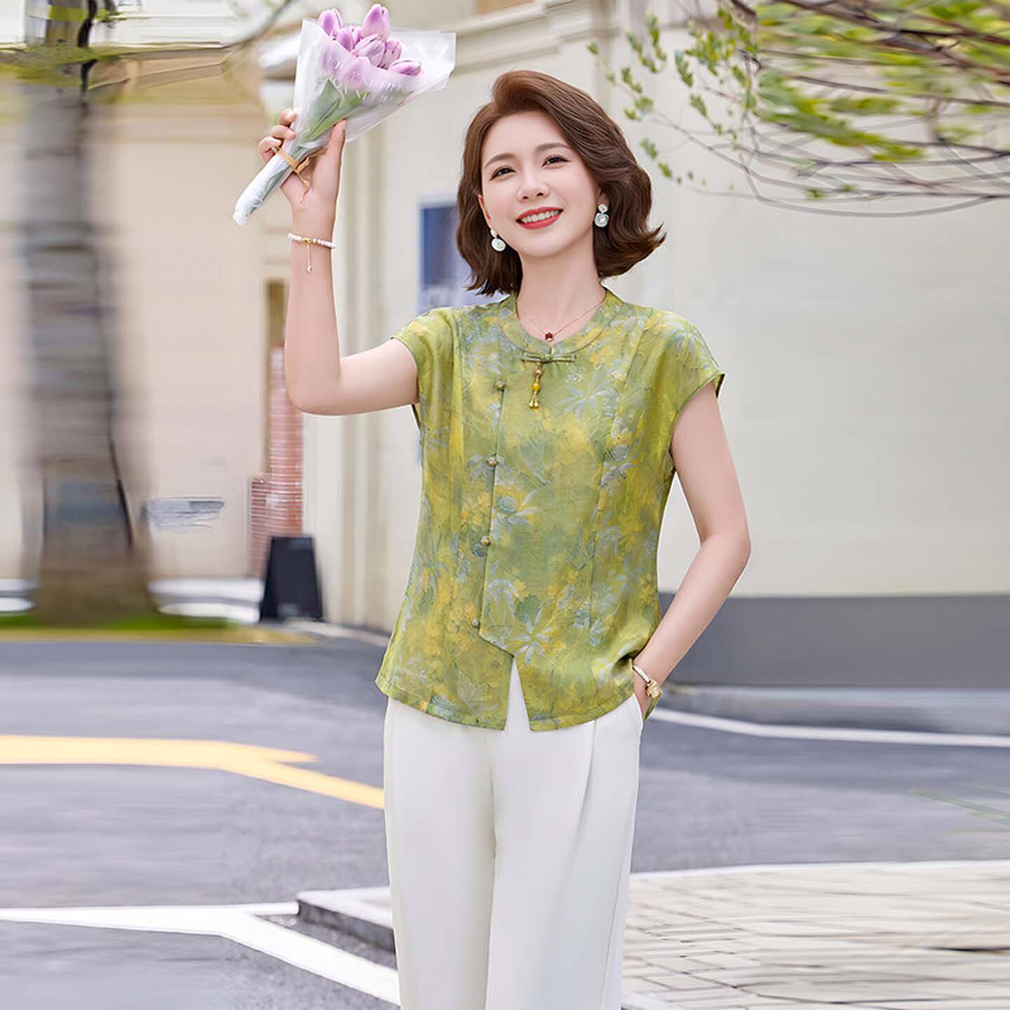 真值良品女装夏季新中式国风无袖衬衫2026新款时尚浮光妈妈短袖a3