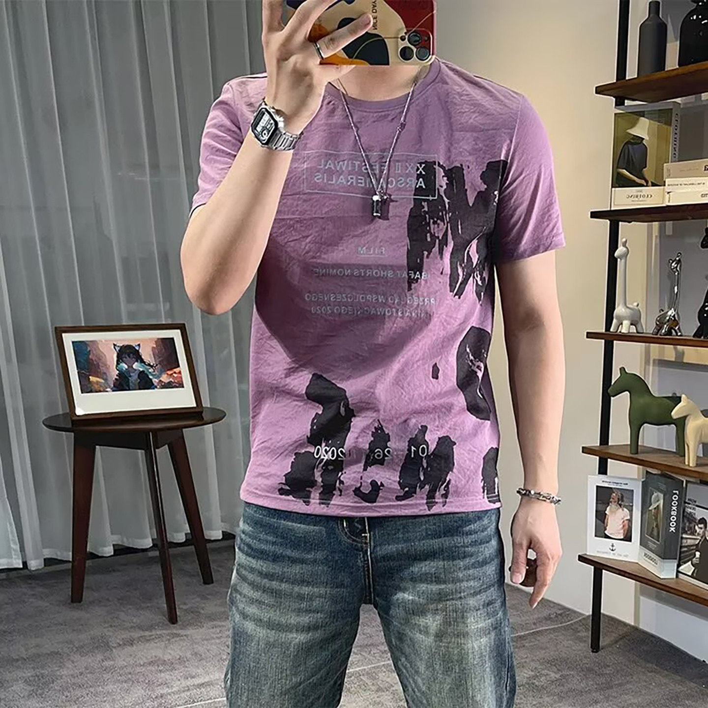 玟若服饰男装高档轻奢棉麻短袖夏季男士墨染印花T恤休闲百搭上a9
