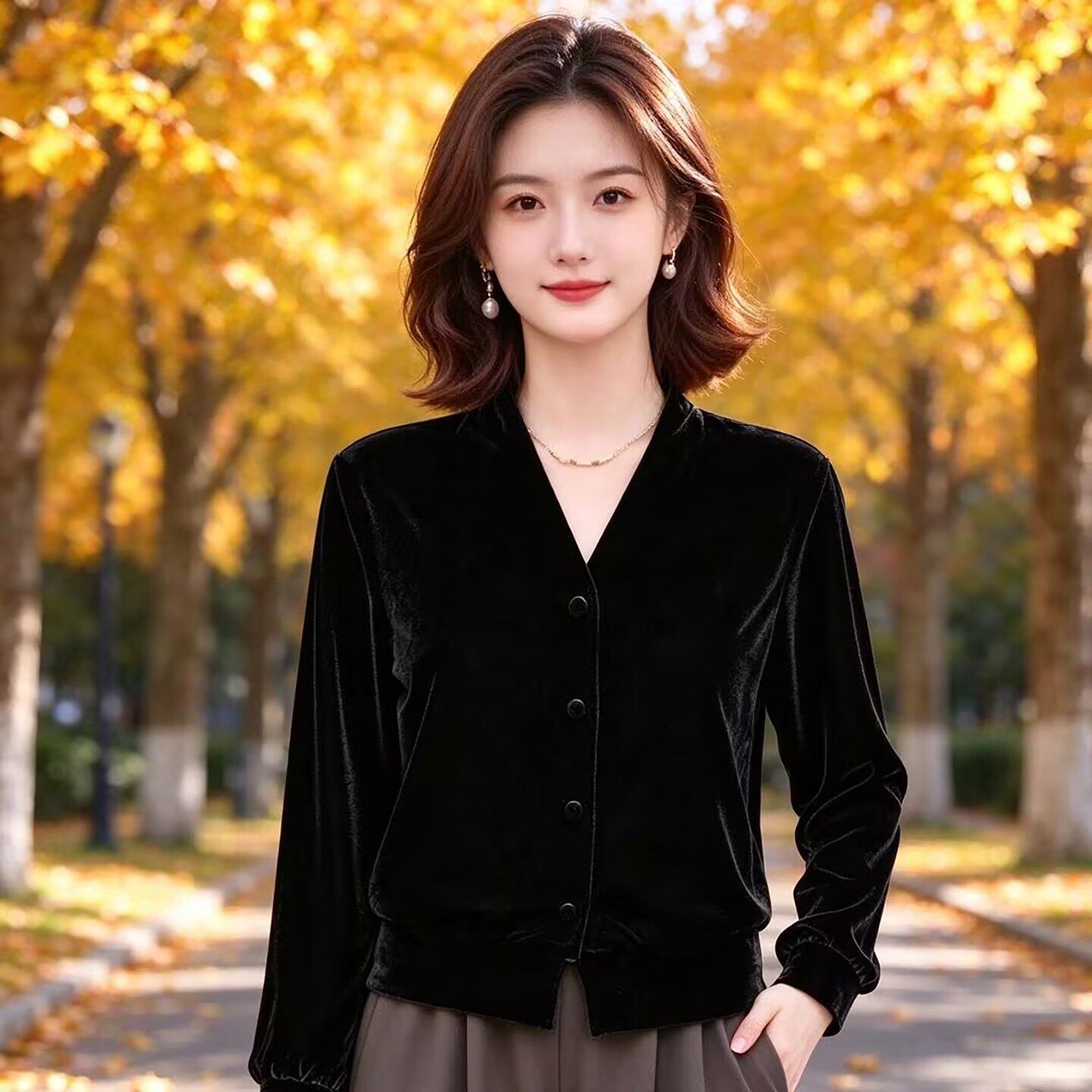 铂瑾女装2026秋季新款气质V领长袖打底衫女士洋气显瘦丝绒开衫a5