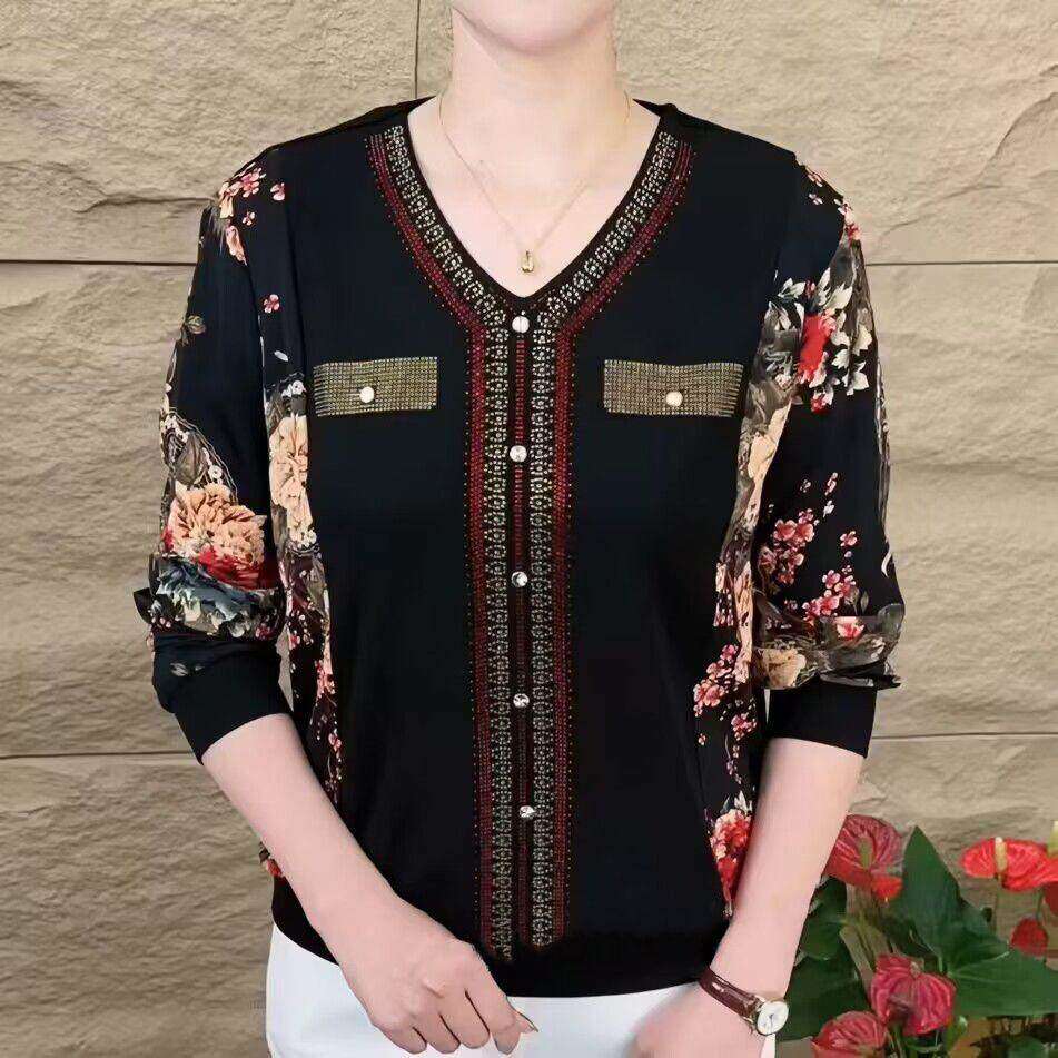 芸菲汇秋季女装长袖t恤烫钻妈妈装宽松遮肚显瘦中年妈妈休闲上a4