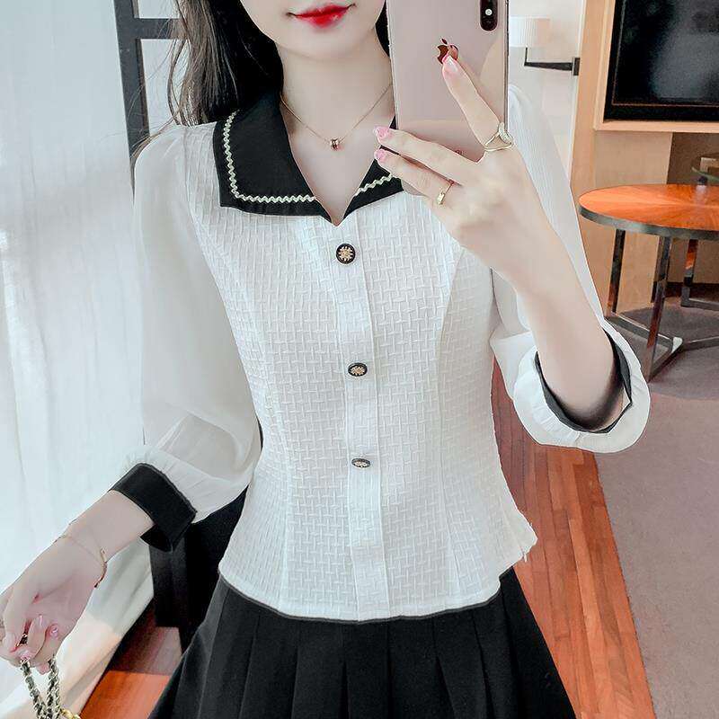 赴达小香风翻领衬衫娃娃领雪纺衫女士气质洋气小衫修身长袖上衣a1