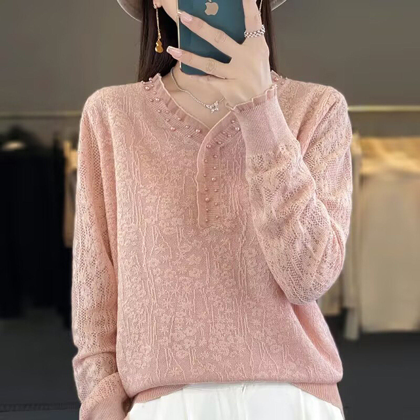 铂瑾秋季精品女装店精纺羊毛针织衫2026新款女士蕾丝钉珠V领毛a7