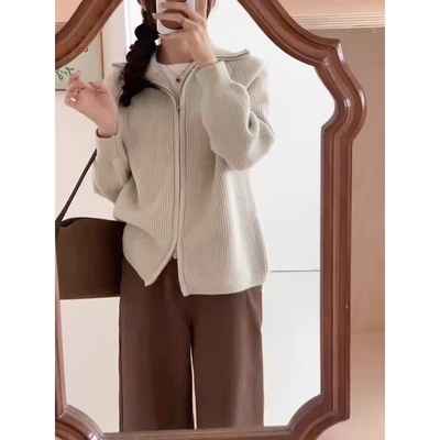 2025秋冬新款翻领双拉链纯色针织开衫女宽松简约百搭休闲毛衣外套