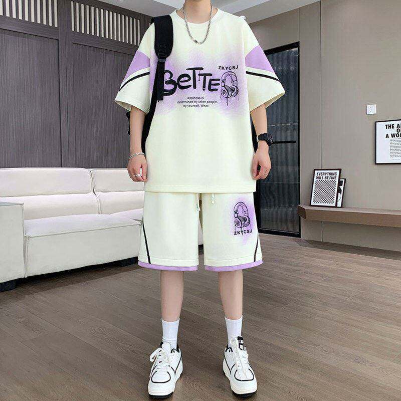 ~点击率男装休闲运动套装夏季男款潮流短袖T恤篮球衣短裤两件套a3