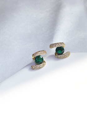 SRMZX绿色闪耀水钻耳环女小众设计感高级复古气质耳钉925银针耳饰