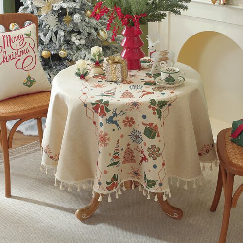 外贸圣诞节桌布原单圆形提花加厚跨境流苏拍照氛围铃铛圣诞树雪人