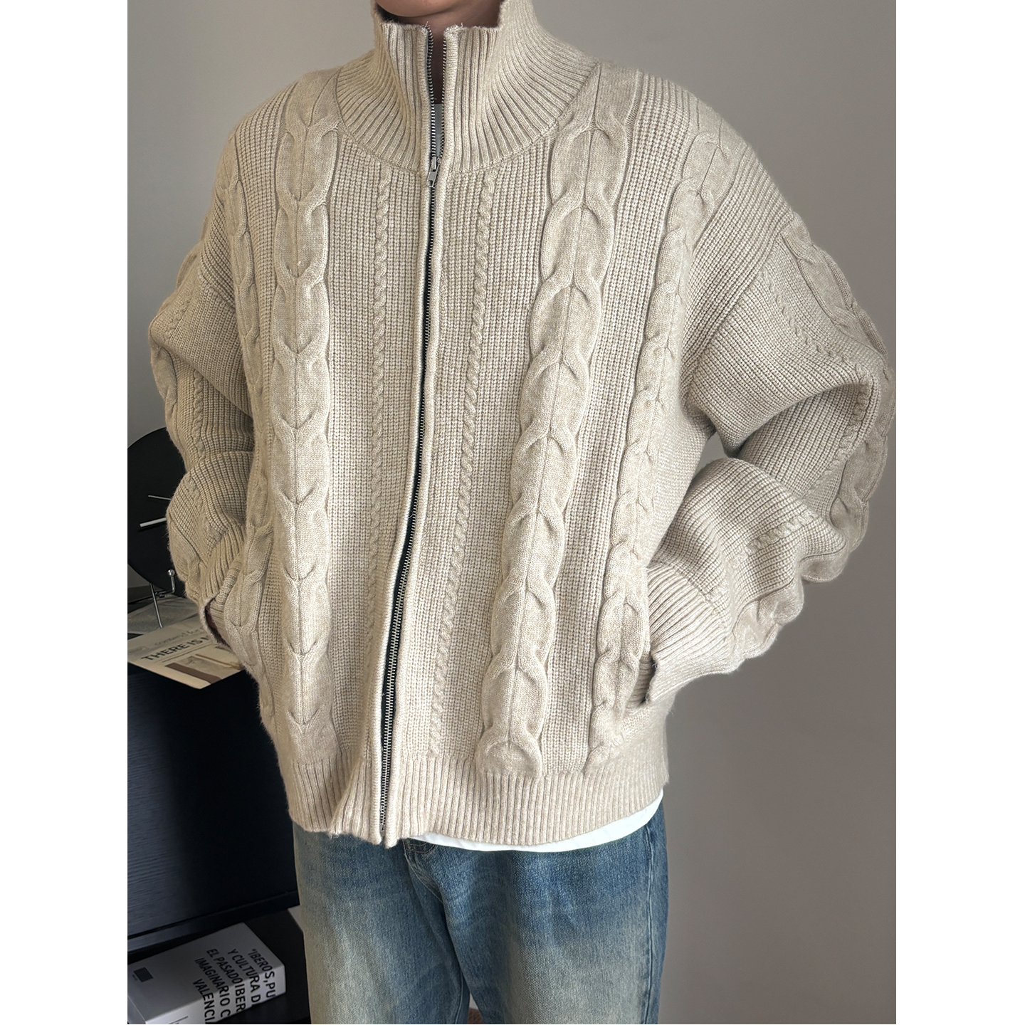 ANYWEARSTU 麦穗绞花针织立领挺阔slimfit花型肌理拉链毛衣开衫