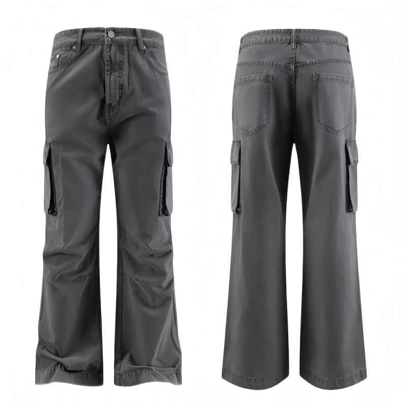 ANYWEAR 复古灰做旧重工工装裤宽松微喇双膝打褶直筒伞兵裤
