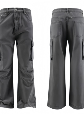 ANYWEAR 复古灰做旧重工工装裤宽松微喇双膝打褶直筒伞兵裤