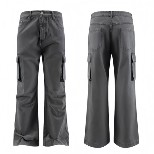 ANYWEAR 复古灰做旧重工工装裤宽松微喇双膝打褶直筒伞兵裤