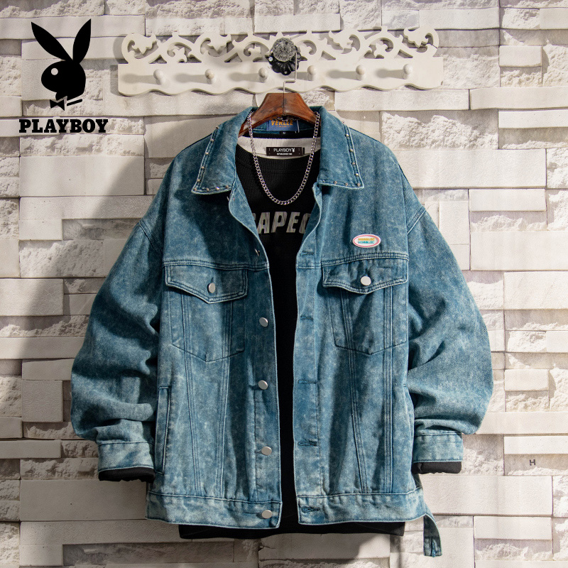 Playboy jacket mens new washed blue ruffian handsome denim jacket mens spring and autumn Korean Trend