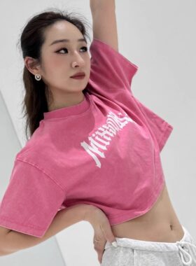 MIX SOUL洗水做旧露脐上衣美式潮牌辣妹装宽松宽松短款运动短袖