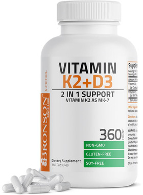 Bronson Vitamin K2 (MK7) + D3, 2 In 1 Suport, 360 Capsules