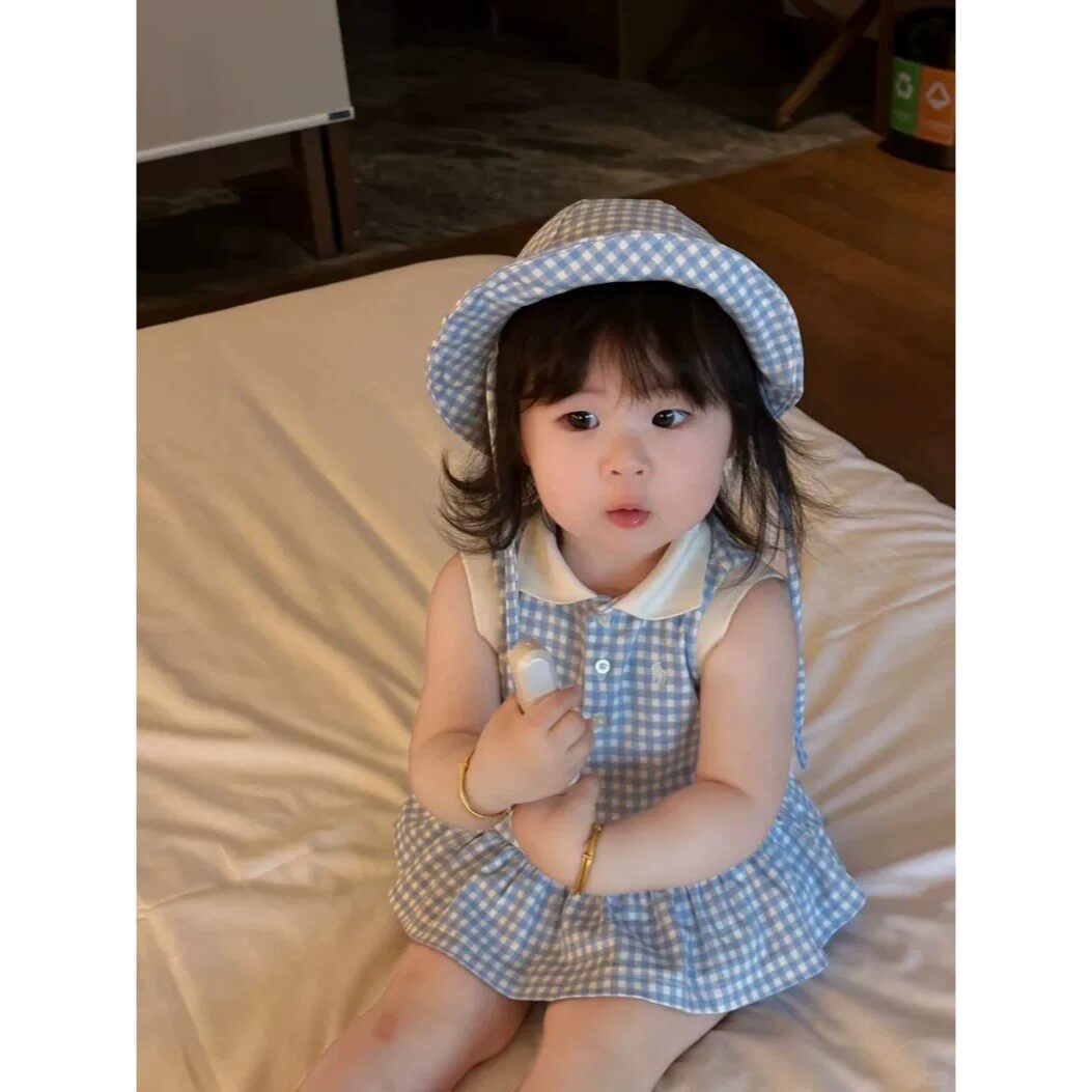 婴幼儿春夏新款包屁衣女宝宝可爱学院风韩版格子爬服裙无袖连衣裙