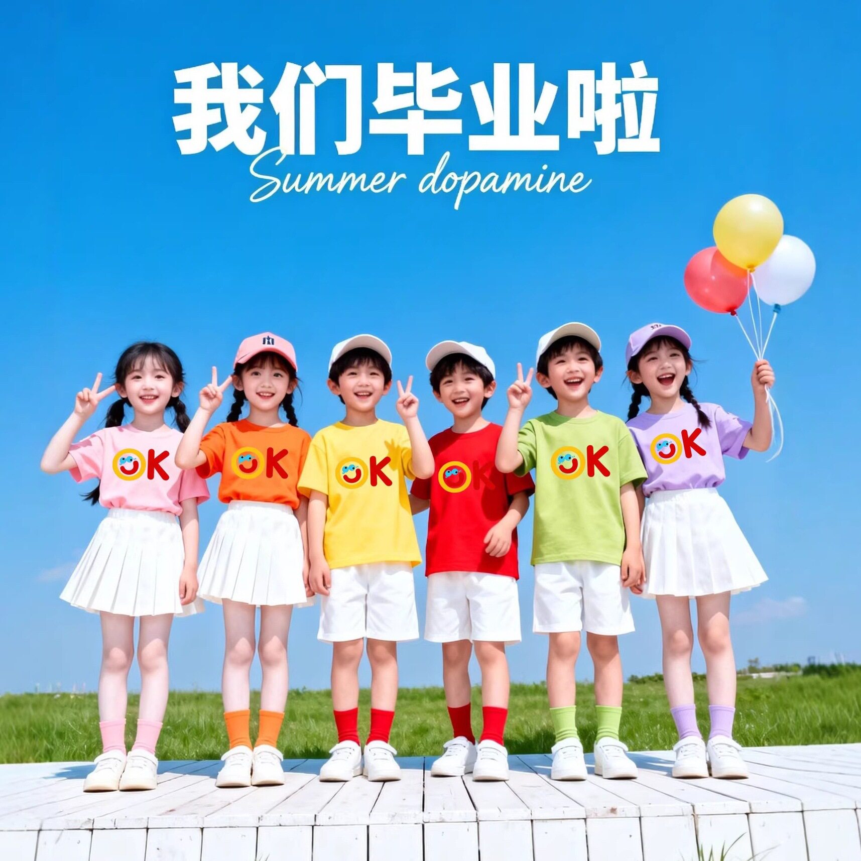 班服多巴胺彩色儿童短袖T恤白短裤套装两件套幼儿园小学生活动服