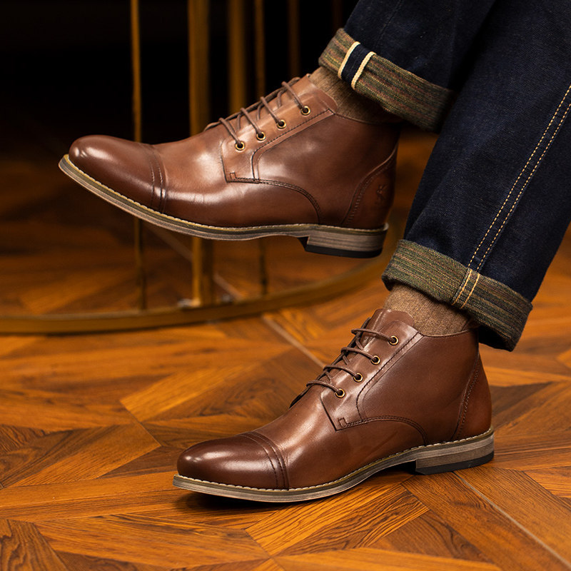 弓长梦男鞋 2026新款头层真皮短靴复古鞋中低帮马丁靴男士皮靴子,流行男鞋,马丁靴,淘宝优惠券,粉丝福利购,淘宝优惠卷