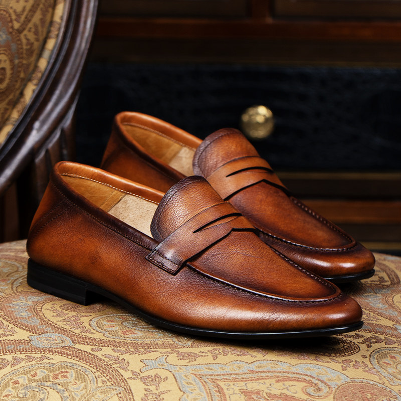 弓长梦男鞋新款头层真皮休闲皮鞋圆头英伦风一脚蹬套脚透气乐福鞋,流行男鞋,乐福鞋（豆豆鞋）,淘宝优惠券,粉丝福利购,淘宝优惠卷