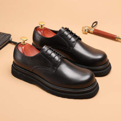 弓长梦男士商务正装皮鞋真皮系带德比鞋黑色厚底增高耐磨百搭透气