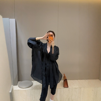 摩登197苎麻深V飘带领长袖衬衫女