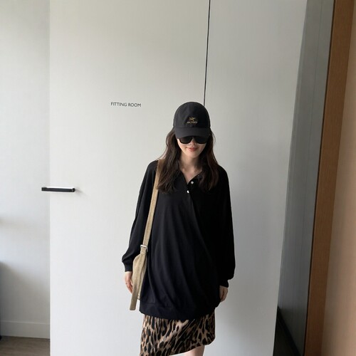 摩登197慵懒宽松POLO领长袖T恤女