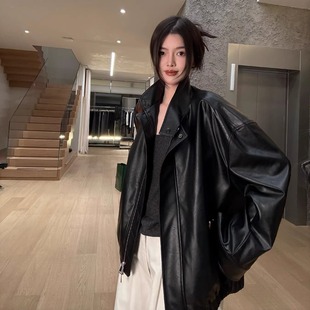 摩登197复古立领PU皮衣外套女2025春秋新款 559W 宽松百搭休闲夹克